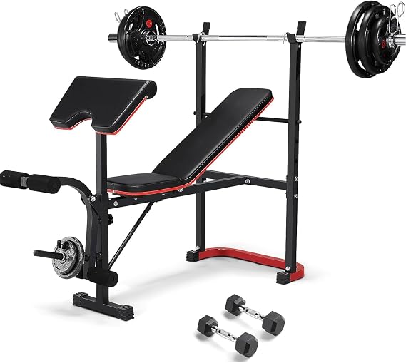 600 LBS Standard Adjustable Weight Bench Set, Adjustable Bench Press with Preacher Curl Pad, Flat Incline Workout Bench for Home Gym, Workout Bench for Adults and Teens