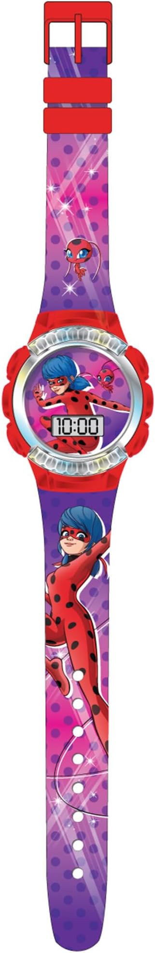 Miraculous Ladybug Kids Digital Watch with Flashing LCD Lights, Transparent Pink Case, Printed Strap, Easy-to-Read Time Display, Durable & Adjustable Fit for Wrist Sizes 5.5" to 8"