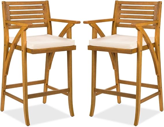 Best Choice Products Set of 2 Outdoor Acacia Wood Bar Stools Bar Chairs for Patio, Pool, Garden w/Weather-Resistant Cushions - Cream