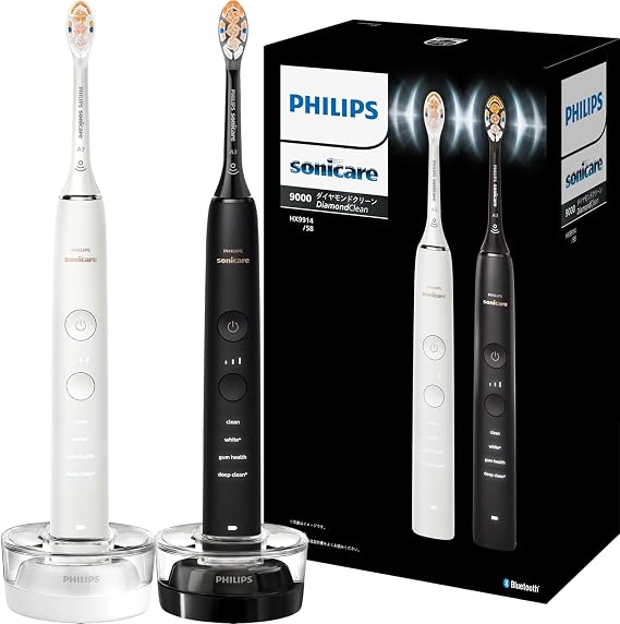Philips Electric Toothbrush Sonicare DiamondClean 9000 - 2-Pack Premium All-in-One Brush Head/Charger Stand Included HX9914/58 White/Black Exclusive