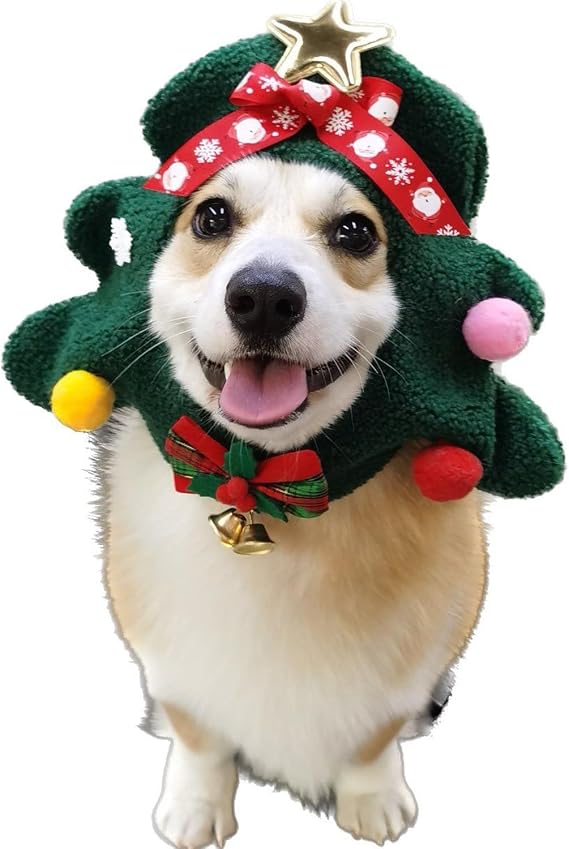 Christmas Dog Hat with Dog Bow Tie Collar,Cat Christmas Tree Costume Outfits for Small Medium Large Dog,Warm Winter Dog Santa Hat Neck Ear Warmer Headband Headwear(Red, L)