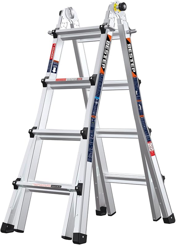 15FT Adjustable Folding Multi-Position Ladder,A Frame 4-Step Anti-Slip Ladder with Aluminum Joint,Silver,ANSI Type 1A, 300 lbs Load Capacity,Welding Construction (YQGNT-4540)