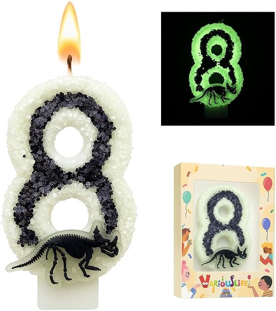 Glow in The Dark Dinosaur Birthday Candle Numbers 0-9 Jurassic Skeleton Theme Party for Boy (Black-8)