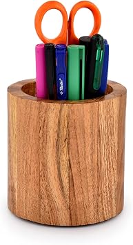 NIRMAN Acacia Wood Pencil/Pen Holder for desk, Round Desktop Organizer for Desk Multi Purpose Use for Home School Office Supplies (4" x 4" x 4")