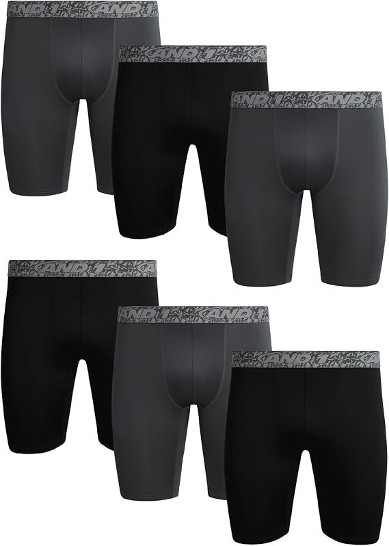 AND1 Mens Boxer Briefs - 6 Pack Platinum Performance Long Leg Boxer Briefs with Pouch - Boxers for Men, 9" Inseam (S-3XL)