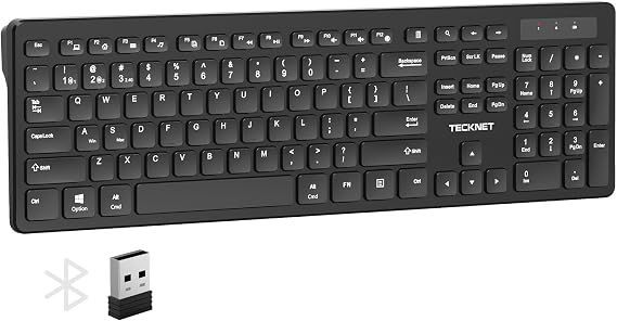TECKNET Wireless Keyboards Full Size, 2.4G USB and Bluetooth Multi Device | Computer Keyboards with Number Pad, for PC, Desktop, Laptop, Tablet, 105 Days Standby Time, Black