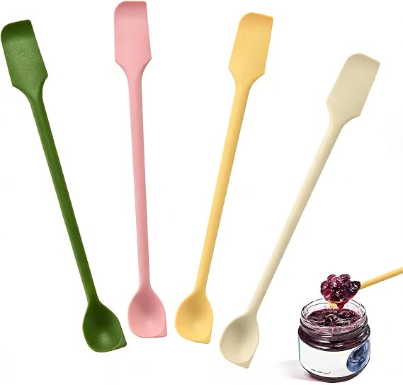 4-Piece Mini Silicone Spatula Set - 26 cm Double-Sided Small Kitchen Scraper - Multifunctional Dough Scraper - Reusable Mini Silicone Spatula for Narrow Bottle Jam & Creams (4 Colours)