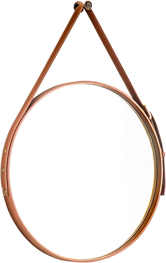 Small Round Hanging Wall Mirror with Faux Adjustable Leather Strap, Decorative Hanging Mirror, Bathroom Mirror, Entryway Mirror, Living Room Mirror, for Washroom, Entryways, Living Rooms