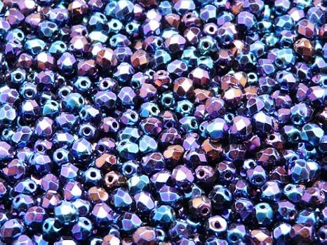 100 Pcs Czech Fire-Polished Faceted Glass Beads Round 4mm Jet Blue Iris
