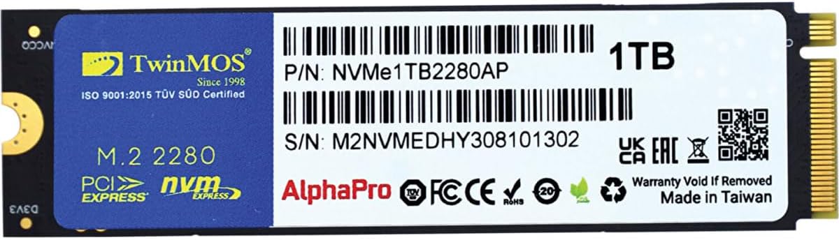 TwinMOS 1TB M.2 PCIe Gen3 NVMe SSD (3600-3250Mb-s) NVMe1TB2280AP TLC 3DNAND Ssd