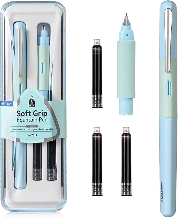 WRITECH Fine Nib Fountain Pens: Soft Grip Black Ink pen Set Smooth Writing