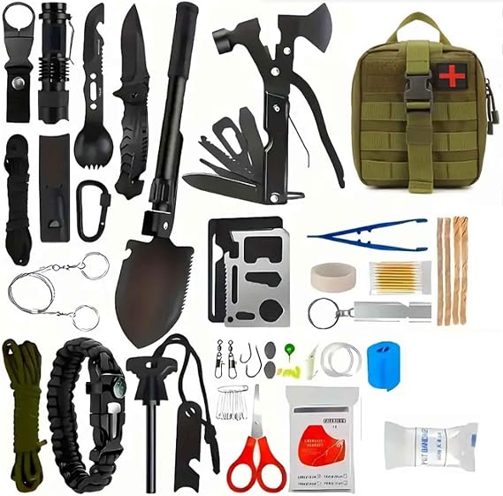 Outdoor Survival Goods, Disaster Preparedness Set, Multi-functional Tool Set Includes First Aid Box, Shovel, Flashlight, Flint Stone, Survival Bracelet, Multi-Tool Card, For Outdoor Camping
