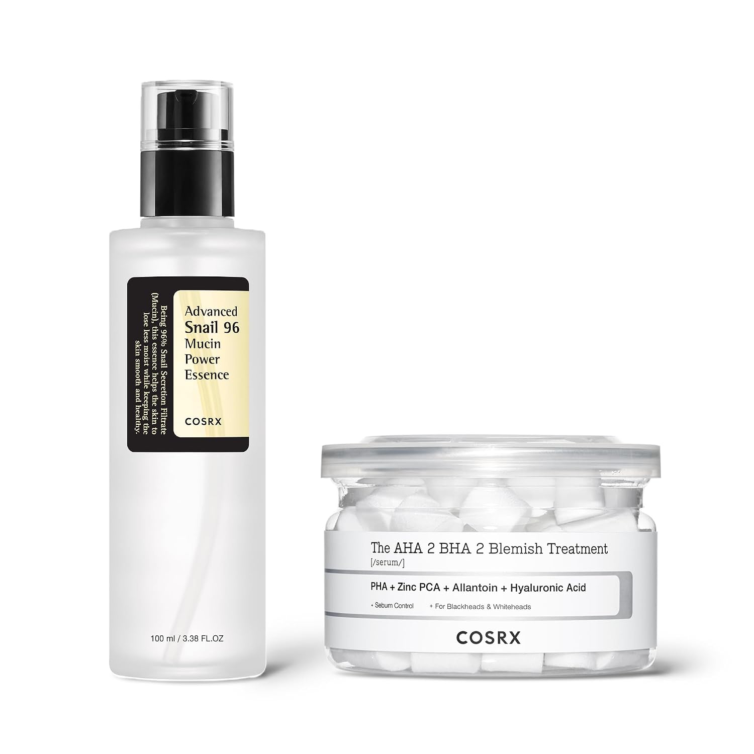 COSRX Acne Treatment Routine- Snail 96% Power Essence & AHA 2% BHA 2% Blemish Treatment Serum Cotton Balls 60pc, Korean Skin Care