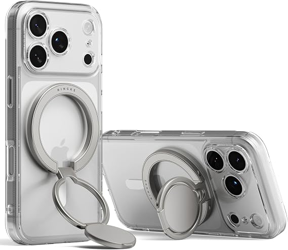Ringke Dual Magnetic Smart Holder [Compatible with MagSafe] Phone Grip, Dual-Sided Powerful Magnet, Multi-Angle Hinge 3-Tier Foldable Kickstand for Gym, iPhone, Galaxy, Pixel - Satin Silver