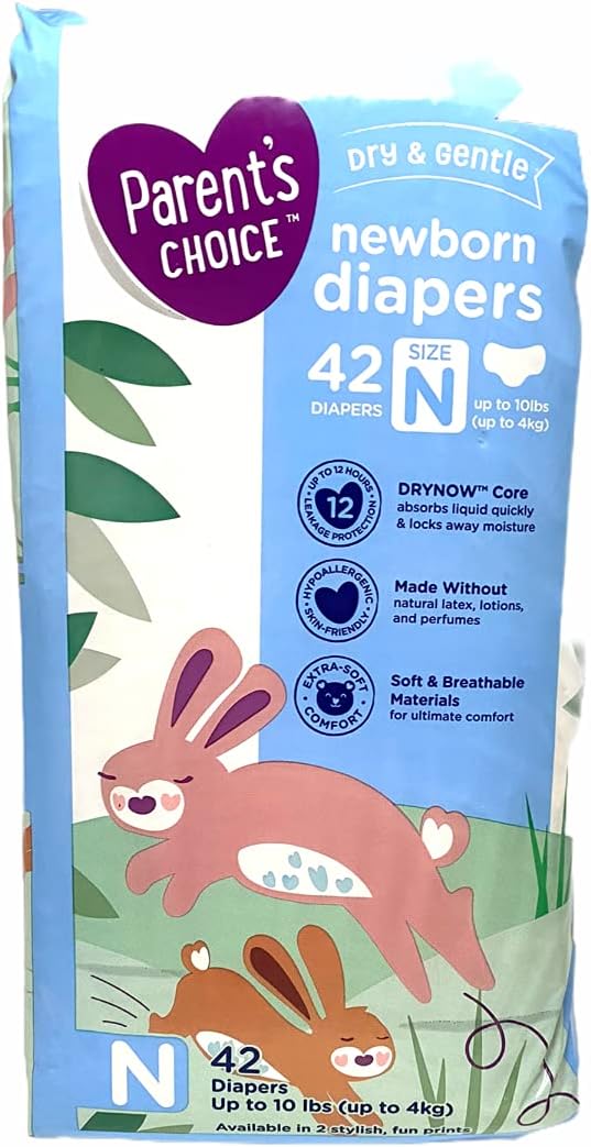 Parent’s Choice Dry & Gentle Newborn Diapers, Size Newborn, 42 Count, DRYNOW Core, Soft & Breathable Materials, Made Without Natural Latex, lotions or perfumes