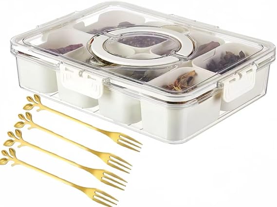 Divided Serving Tray with Lid, 8 Compartment Snack Box, Portable, Reusable, Clear Food Storage Container, Picnic Party