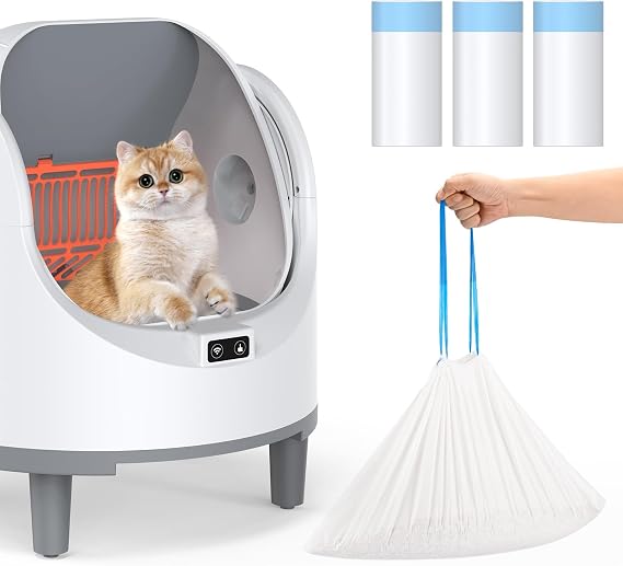 45 Count Cat Litter Box Liners, Heavy Duty Extra Thick Drawstring Bags for Automatic Self-Cleaning Litter Boxes, Leak-Proof Tear-Resistant Waste Liners, 15 Bags/Roll, 15.35" x 25.6"