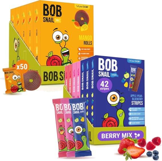 Bob Snail Fruit Leather Stripes – Mix Flavors Blueberry, Raspberry, Strawberry and Mango Fruit Roll Ups