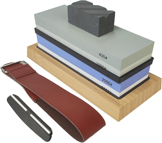 Knife Sharpening Stone, 2 Side Waterstone Set(Grit 1000/40002000/5000) - Whetstone Knife Sharpener- NonSlip Bamboo Base and Angle Guide (SET-D)
