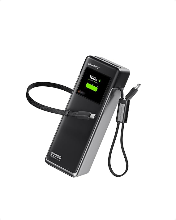 SHARGE Laptop Power Bank 25000mAh, HyperTower 170W Total Fast Charging Portable Charger, 100W USB-C Power Bank with Built-in Cables, High Capacity Travel Battery Pack for MacBook, iPhone17, Galaxy S26
