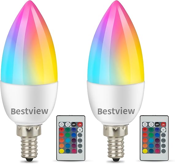Bestview E12 Color Changing Light Bulbs, Candelabra Multicolor RGB LED Light Bulbs with Remote Control, RGBW White 3W Base,Mood Flood Candle Colored Light Bulb for Home Party Bedroom Outdoor(2PCS)