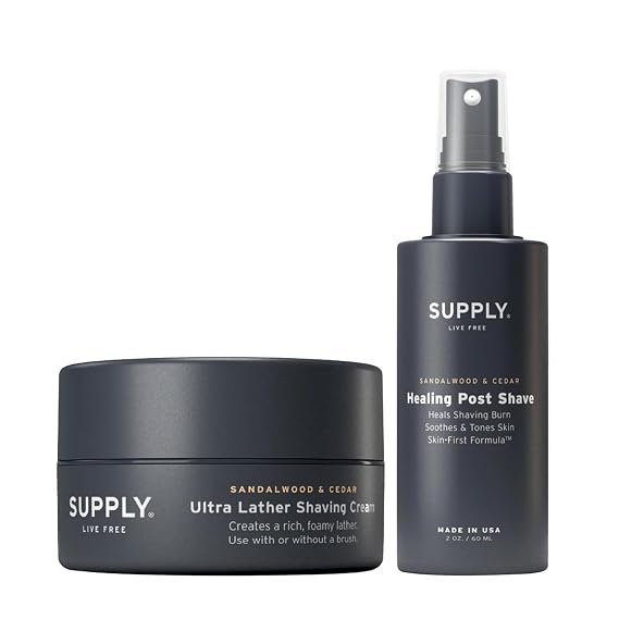 SUPPLY Men's Sandalwood & Cedar Shaving Cream 3.4 oz & Post Shave Face Lotion 2 oz. Bundle Reduces Razor Bumps & Burn and Soothes Irritation For All Skin Types