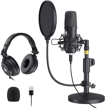 MAONO AU-A04T USB Microphone with AU-MH601 Studio Monitor Headphones Bundle Streaming Podcasting Pack Plug and Play for Computer, YouTube, Music