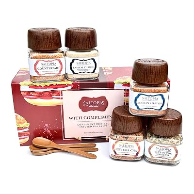 SALTOPIA Condiment Inspired Sea Salts, All Natural, Variety of 5 Different Flavors For the Love of Ketchup, Mustard, Worcestershire, Horseradish, Sriracha. 3.4oz Jars 5 jar gift set