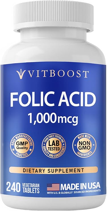Folic Acid 1000 mcg (1667 mcg DFE) - Vitamin B9 Supplement, 240 Tablets