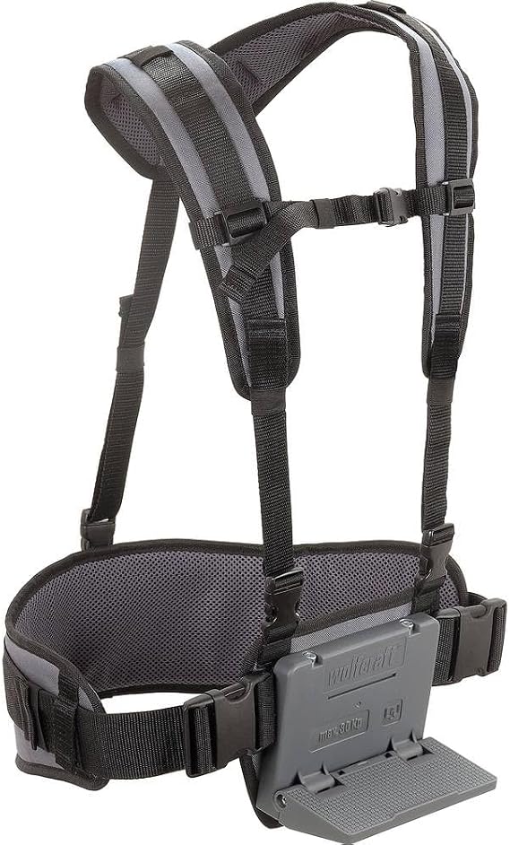 wolfcraft Ergonomic Carrying Belt System for Moving Boxes and Heavy Loads | Shoulder and waist straps for back-safe transport, includes fold-out carrying plate and ergonomic distribution. 5582000