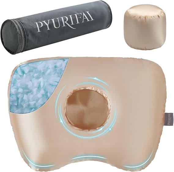 Piercing Pillow - Ear Piercing Pillow With Foam Plug, Adjust Shredded Memory Foam Picrcing Pillow For Side Sleepers, Donut Piliow For Ear With 4.5x4.5''Hole, Ergonomic Curved Design, Satin Champagne | Ear Piercing Pillow For Side Sleepers, Donut Piliow For Ear With 4.5x4.5''Hole, Ergonomic Curved Design, Satin Champagne
