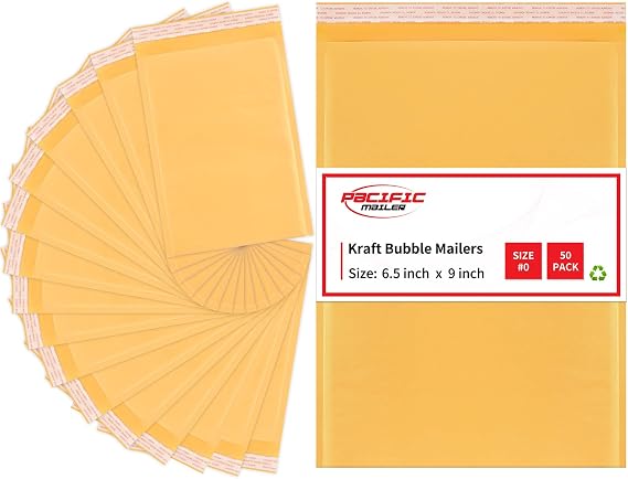 Pacific Mailer Bubble Mailer #0 Kraft Bubble Mailers Strong Adhesion Padded Envelopes Packaging for Small Business [7.25x9 (Usable Size 6.5"x9"), Self Seal, Pack of 50]