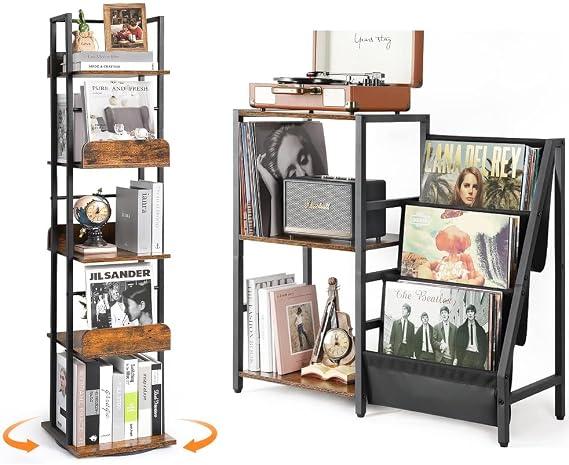 Bikoney Bookshelves, Rotating Bookshelf Tower for Corner, Record Player Stand with 3-Tier Vinyl Record Storage