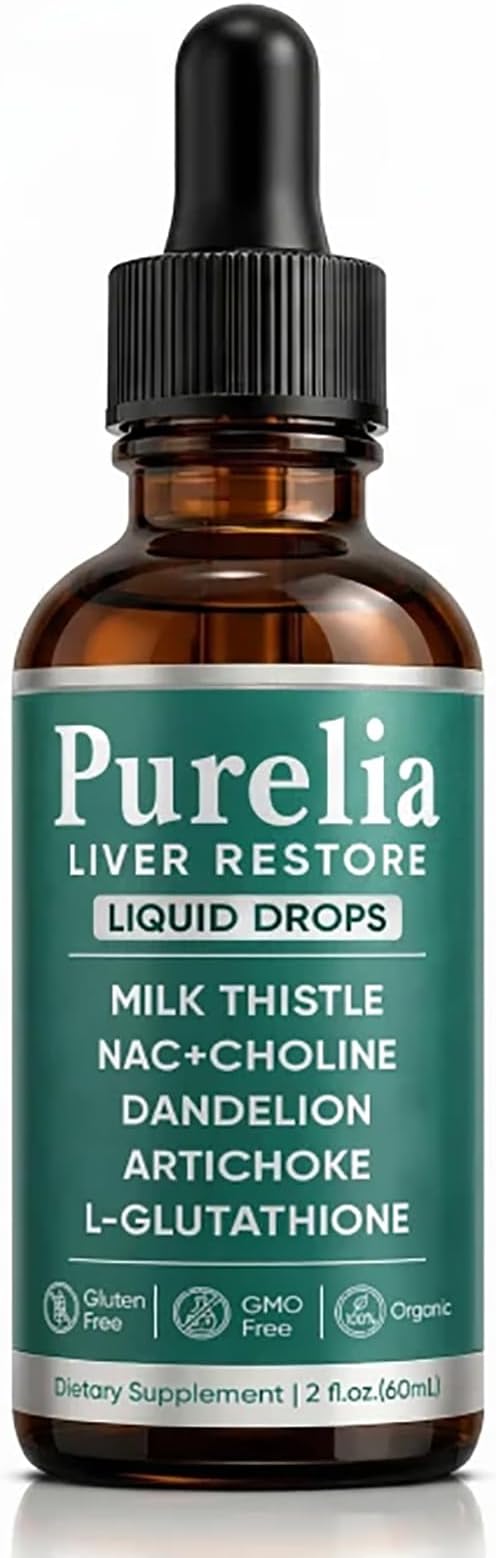 Purelia Liver Restore Drops Complete Liver Detox Support Supplement with Milk Thistle, Dandelion & L-Glutathione for Liver Cleanse & Digestion Aid Health, 2 Fl Oz (1)