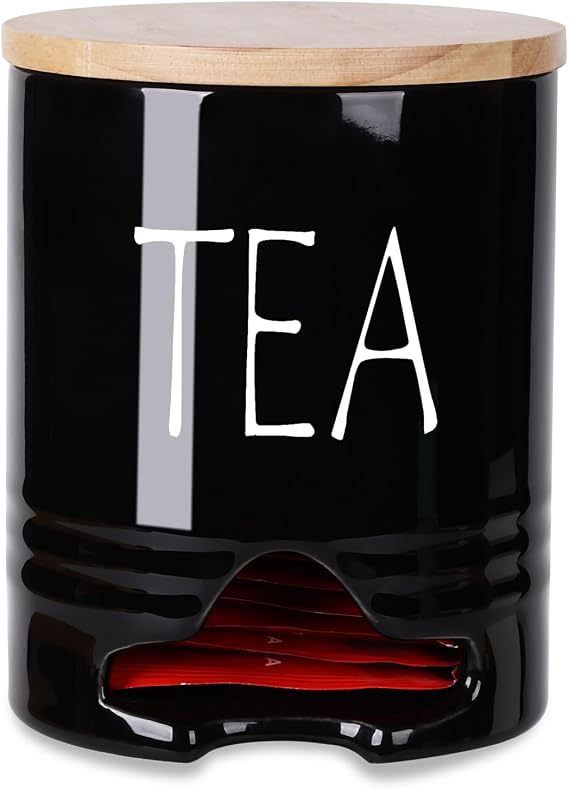 Farmhouse Tea Bag Holder with Lid, Ceramic Tea Bag Caddy Dispenser for Countertop,Tea Bag Organizer Storage Container Tea Bag Chest for Beverage Supplies (Black)