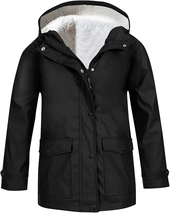Girls Rain Jacket Windproof Hooded Jacket Lightweight Raincoat with Striped Lining Zip Front & Snap Button Closure Coat Rain Jackets with Flap Pockets for Kids School Windbreaker Outwear