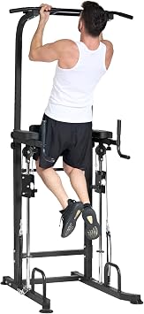 Power Tower pull up dip station,Multi Function Adjustable Height Pull Up Bar of Assisted Pad,Strength Training Exercise Equipment with Elastic Rope for Home Gym Workout,330 Lbs