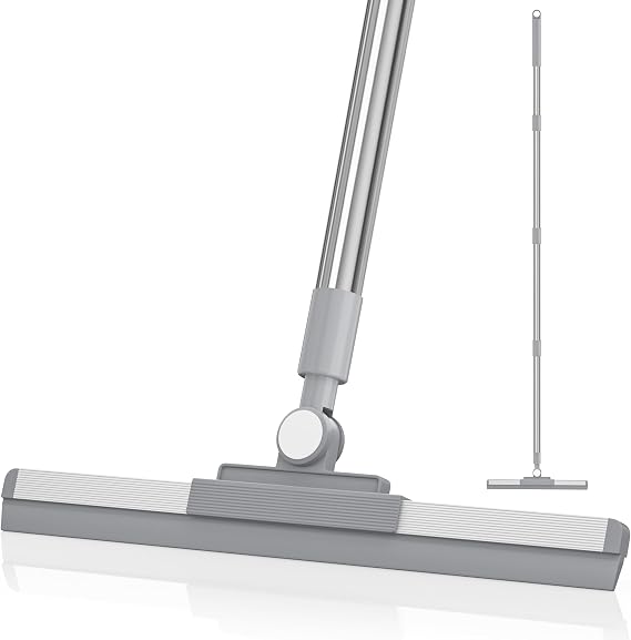 Floor Squeegee with 180 Rotating Head, Squeegee for Floor with 52'' Long Handle, Squeegee Broom, Squeegee for Window Cleaning, Bathroom Tile, Garage Concrete, Deck, Shower Glass (Silver)