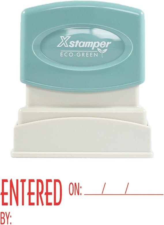 Xstamper 1822 Entered ON/by with Space for Name and Date, Pre Inked Laser Engraved Rubber Stamp, Red Ink, Impression Size: 1/2" x 1-5/8"