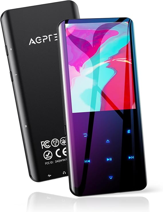 AGPTEK 64GB MP3 Player Bluetooth 5.3 with 2.4 Inch TFT Colour Screen HiFi Music with Speaker Touch Buttons FM Radio E-Book Recording Sleep Timer Support up to 128 GB Black