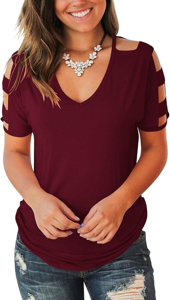 Jescakoo Women's Short Sleeve Cut Out Cold Shoulder Tops Deep V Neck T Shirts