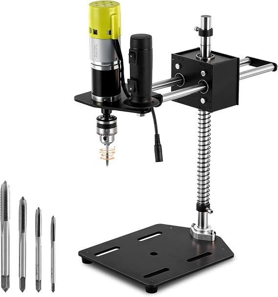 9.84 Electric Tapping Machine for Wood Plastic Metal M3-M6 | Flexible Tapping Tool w / 4 Taps, 100-200r/min, 7-Speed, B10 Chuck, Adjustable Height & Direction, 8.19 * 6.69 Base Plate