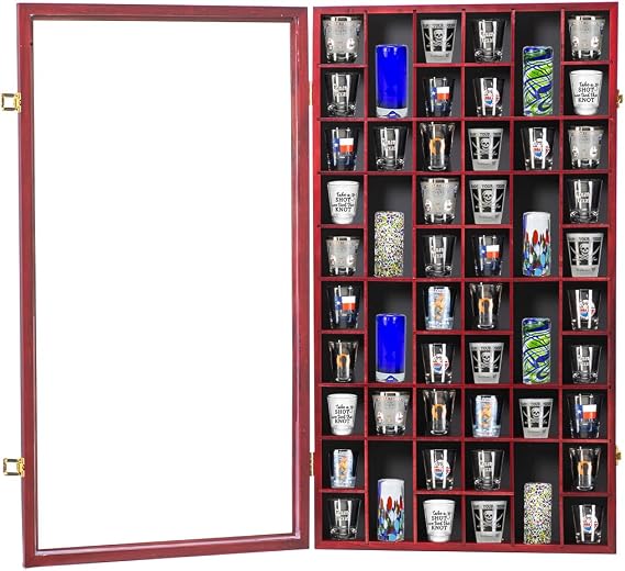 Shot Glass Storage Display Case Large 52-Slot Wooden Cabinet Rack Holder