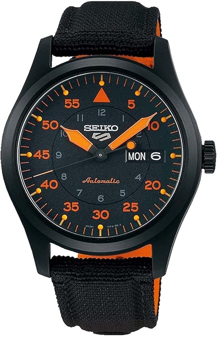 Seiko SRPH33 Men's Watch, 41-Hour Power Reserve, Stainless Steel Case, Black Nylon Strap, Blue and Orange Dial, Day/Date Display, 100m Water Resistant