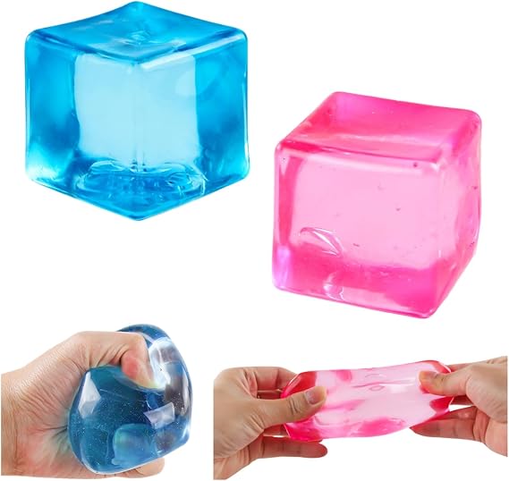 2Pcs Ice Cube Stress Balls, Pink Blue Squishy Fidget Cube Toys Soft Sensory Squeeze Toys Stress Anxiety Relief Fidget Toys for Home Office (B)