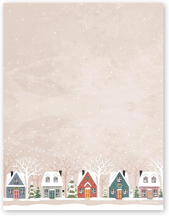 Snowy Village Holiday Letterhead / 50 Sheets / 8.5" x 11" Festive Winter Wonderland Neighborhood Holiday Paper/Decorative Snow Houses Christmas Stationery