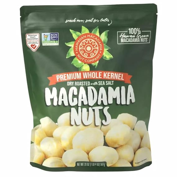 Hawaiian Macadamia Nut Company Premium Whole Kernel Macadamia Nuts, Dry Roasted with Sea Salt, 100% Hawai'i-Grown Buttery Smooth Crunch, Sustainably Farmed in Volcanic Soils, Fresh from Hawaiian Orchards Perfect for Snacking & Gifting, 20 oz