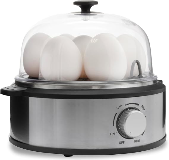 Electric Egg Cooker Hard, Medium, Soft Boil Cooks 7 Eggs Stainless Steel Egg Maker with Buzzer Alarm, Poaching Tray & Omelet Bowl Compact Countertop Breakfast Appliance