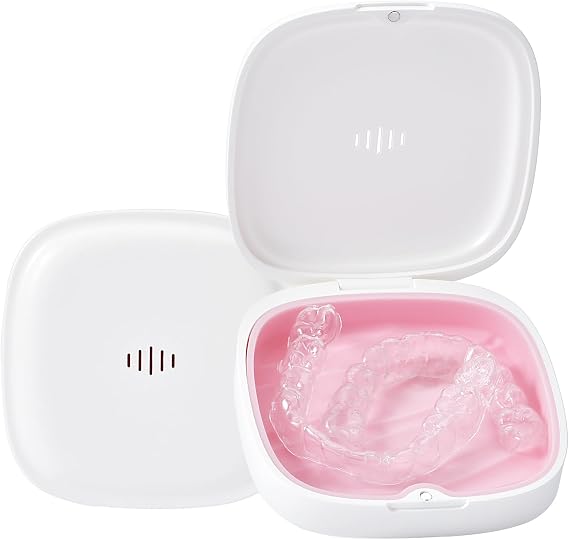 Retainer Case Slim Aligner Case with Vent Holes Removable Inner Tray Silicone for Easy Cleaning (White Pink)