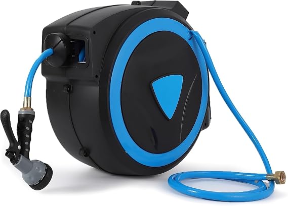 Retractable Garden Hose Reel, 5/8 In x 65 Ft Wall Mounted Hose Reel With Slow Retract System, 9-Pattern Nozzle, Any Length Lock & 180 Swivel Bracket, Suitable for Lawn/Patio